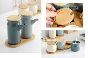 Fabrikpreis Umweltfreundliches Keramik-Gewürzdosen-<span class=keywords><strong>Set</strong></span> mit Bambusdeckeln, in Box verpackt, 300/500ml Fassungsvermögen - Product Image 2