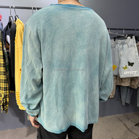 T-shirt Henley pour homme en tricot gaufré délavé à l'acide, effet vieilli, avec poche déchirée, coupe oversize, manches longues, style streetwear vintage
