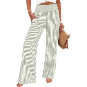 Anrabess Pantalones Palazzo para Mujer, Rayados, de Pierna Ancha, Cintura Alta, con Bolsillos, Ropa Casual para Estar en Casa, Tejido Transpirable - Product Image 1