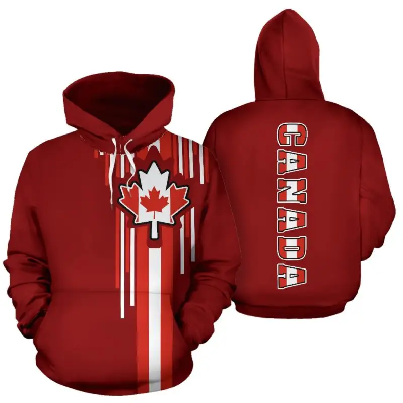 Garis-garis Bendera Kanada Hoodie Kaus untuk Pria Wanita Dewasa Hoodie Poliester Seluruh Pencetakan Souvenir CANADAN