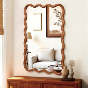 Yellowish Brown 24x36 Wavy <b>Rectangle</b> Solid Wood Frame Decorative <b>Mirror</b> <b>For</b> Bedroom Bathroom Living Room Entryway - Product Image 3