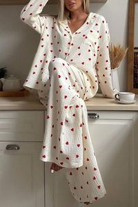 Ensemble pyjama imprimé cœur pour femmes, manches longues, boutonné, côtelé, taille élastique, 2 pièces, vêtements de nuit pour la maison - Product Image 4