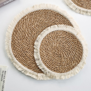 Tapis de casserole épaissi et isolant thermiquement, set de table rond en paille tressée à pompons, set de table rond en pampille et corde de chanvre tressée, table - Product Image 4