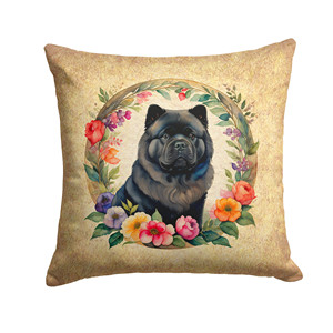 Coussin décoratif noir Chow Chow et fleurs - Product Image 1