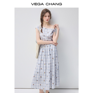 VEGA CHANG Abito da donna a trapezio midi azzurro a quadri asimmetrico monospalla con maniche a cappuccio ricamato floreale a vita alta plissettato - Product Image 2