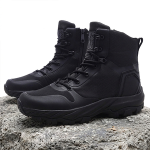 DF023 Chaussures tactiques noires à tige haute avec fermeture éclair intérieure, bottes de randonnée tactiques en cuir PU, chaussures de terrain pour l'extérieur - Product Image 3