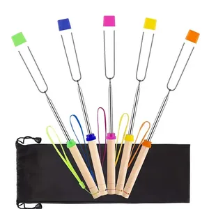 32 Inches BBQ Accessories Stainless Steel Telescopic Campfire Grill Skewer Campfire Forks Smores Marshmallow Roasting Sticks