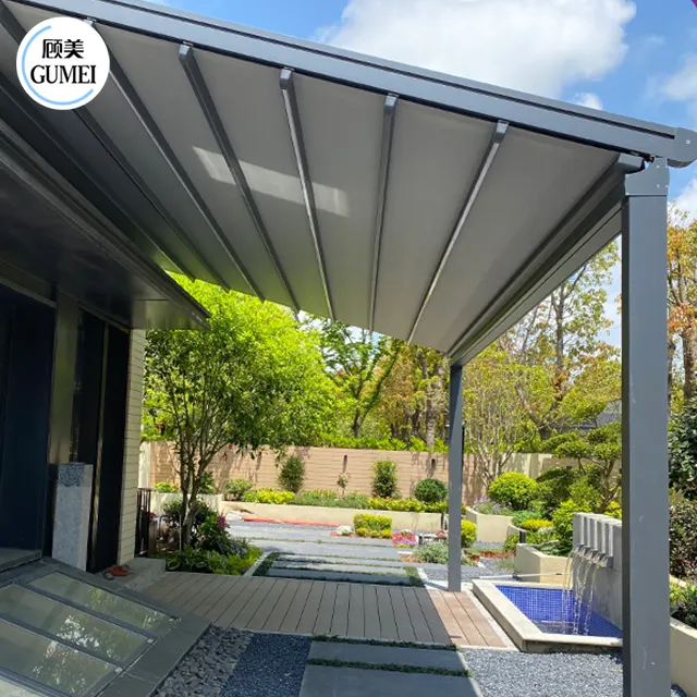 Toldo retráctil plegable de aluminio para exteriores, pérgola motorizada fácil de instalar, techo retráctil