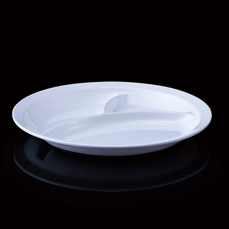 रेस्तरां कैंटीन के लिए सस्ती ब्रेक-प्रतिरोधी प्लास्टिक अलग प्लेट 100% मेलामाइन 3 डिब्बे प्लेट