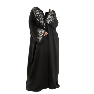 Black Floral Embroidered Abaya Women Long Sleeve Shawl Collar Modest Floor Length Dress Middle East Style Daily Wear Polyester - Product Image 1