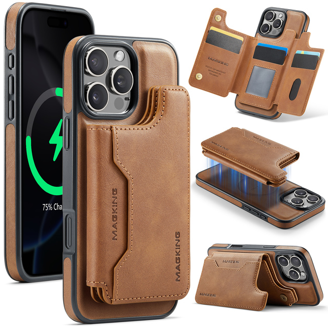 Business Leather 2 in 1 Detachable Magnetic Charging Phone Case with Magnet Card Holder Cover for iPhone 17 16 15 14 Pro Max