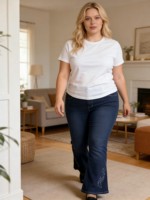 2026 Jeans évasés pour femmes grandes tailles, personnalisés, en denim brodé, taille haute, extensibles, coupe bootcut, OEM