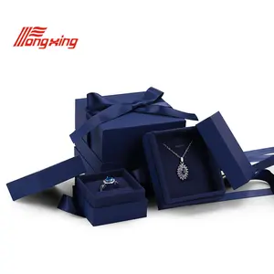 Tongxing koyu mavi 2 adet packer halka kutusu takı logo ile ambalaj kutusu şerit lüks mücevher kutuları