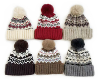 Bonnet en tricot Fair Isle nordique avec logo personnalisé, pompon, épais, chaud, motif hivernal, en acrylique doux, revers plié, pour l'hiver