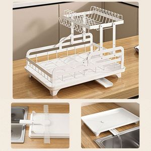 Étagère de rangement pliable à 2 niveaux en acier pour égouttoir sous évier de cuisine, support pour assiettes, bols et ustensiles, organisateur d'évier - Product Image 6