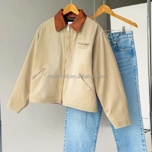 Custom High Quality <b>Canvas</b> <b>Jacket</b> Plus Size Workwear Design Vintage Washing Leather Lapel Collar Zip up Used Work <b>Jackets</b> - Product Image 2