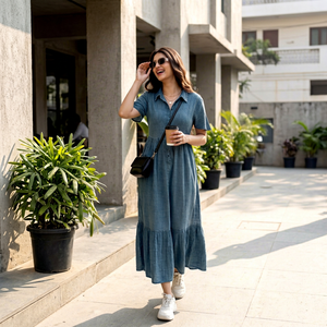 Light Blue Linen Cotton Shirt <b>Dress</b> Maxi Length Short Sleeve Button Front <b>Ruffle</b> Hem Loose Fit Casual Summer Wear Solid Color - Product Image 1