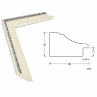 Moulure en Bois Massif pour Cadre Photo 60x32mm Blanc Argenté Profil Sculpté pour Encadrement de Toile et Peinture à l'Huile