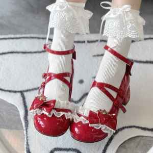 Zapatos de mujer Abirabbit original Lolita con estampado de fresa - Zapatos japoneses de tacón medio con punta redonda y lazo, serie adorable - Product Image 6