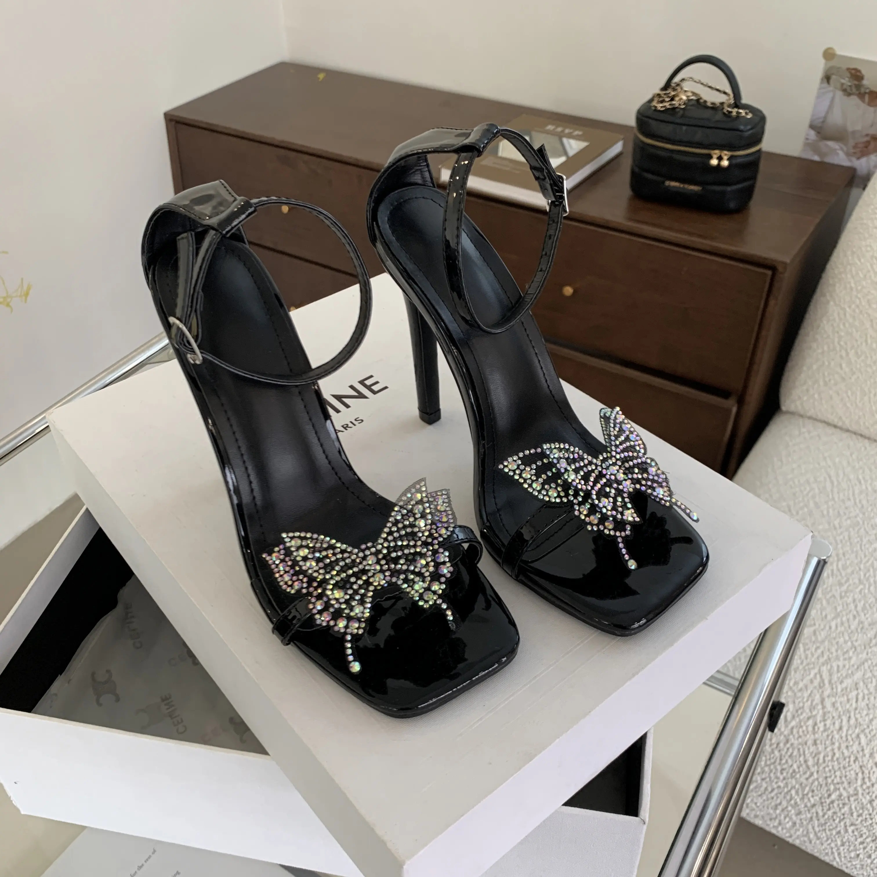 sandals women high heel sandals for women pointed toe bling bling slingback White butterfly shoes heels 2024