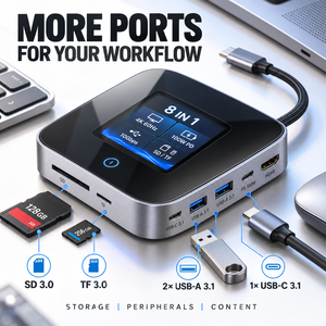 แท่นวางอุปกรณ์อเนกประสงค์ Smart 8 in 1 USB C พร้อมจอ LCD แสดงผล 10Gbps 4K 60Hz HDMI 100W PD SD TF USB C Hub สำหรับแล็ปท็อป ขายส่ง - Product Image 5
