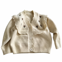 Kardigan Kancing Kerah Ruffle Bordir Bunga untuk Anak Perempuan dengan Detail Mutiara, Sweater Anak Custom OEM Pabrik