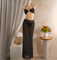 Badpak met 2 kleuren stippen, bandeau top, driedelig, met schelp, sexy dames bikini set, doorschijnend mesh strandrokje