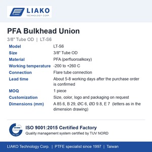 ข้อต่อ PFA แบบ Bulkhead ขนาด 3/8 นิ้ว สำหรับท่อแบบ Flare Tube รุ่น LT-S6 ทนทานต่อสารเคมีบริสุทธิ์สูง สำหรับกระบวนการเปียกในวงจรเซมิคอนดักเตอร์ - Product Image 6