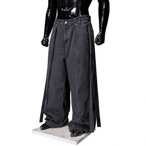 Pantalones vaqueros de mezclilla vintage para hombre, de cintura media, pierna ancha, lavado ácido, plisados, casuales, de ajuste holgado, tejidos, estilo streetwear de verano - Product Image 1