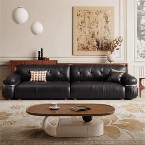 Mid Century Retro Black Top Grain Leather <b>Sofa</b> Three Seater Luxury Steel Frame For <b>Small</b> Living Room - Product Image 4