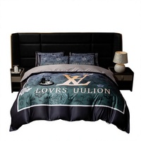 Ensemble de literie en polyester imprimé, 4 pièces, housse de couette, taie d'oreiller, literie florale avec lettres pour la chambre à coucher