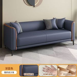 Canapé-lit moderne en cuir bleu foncé, structure en bois massif, coussin en latex souple, salon - Product Image 6