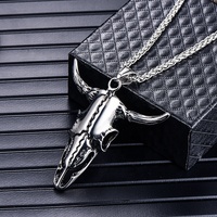 MECYLIFE Collier Pendentif Squelette Gothique Tête de Bœuf Crâne de Taureau Grandes Cornes Acier Inoxydable Bijoux Motard Colliers pour Hommes
