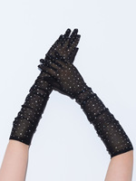 A645 Gants de mariée rétro à long point en diamant Transparent Noir Gants de mariage en maille pour femmes Nouveaux gants à doigts fendus