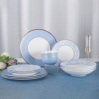 Service de table P&T de luxe en porcelaine fine bleu clair, 16 pièces, élégant, pour la restauration haut de gamme, assiettes et bols