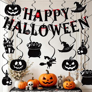 Pour <span class=keywords><strong>Halloween</strong></span> : Ensemble de guirlandes en papier spirales chauve-souris et citrouille avec motifs géométriques, décorations suspendues noires - Product Image 1