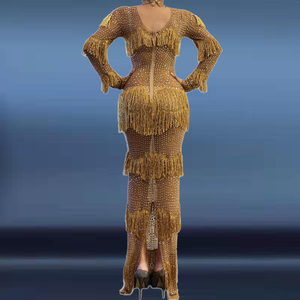 Abito da donna 2020 Elegante abbigliamento da donna diamante nappa collo alto Abito dorato donna festa nuda come Abito Lungo Elegante Curvy - Product Image 3