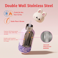 Bouteille d'eau isotherme Everich à double paroi en acier inoxydable avec couvercle en silicone amovible en forme d'animal et paille souple pour enfants
