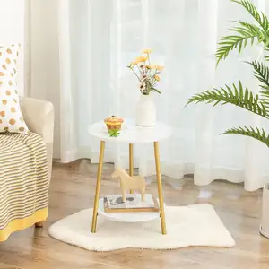 Mesas auxiliares redondas de oro blanco al por mayor, mesa auxiliar de madera de estilo moderno, mesas de aperitivos decorativas con marco de metal para sala de estar