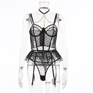 Nero trasparente romantica giarrettiera Lingerie Set di 3 pezzi esotico maglia trasparente da donna decorazione pizzo mezza sottovesti - Product Image 4