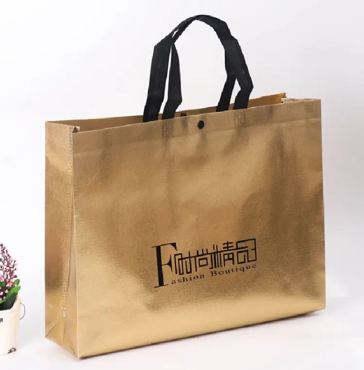 Custom Gold Glossy Laminated Non Woven Bag Boutique shopping tote bag