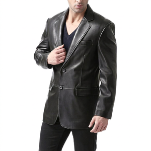 Men's Black Genuine Leather <b>Jacket</b> Slim Fit Single Breasted Turn-down Collar <b>Smart</b> Casual Style Regular Sleeve - Product Image 1