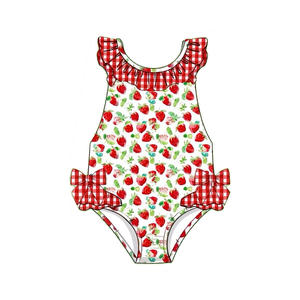 Maillot de bain personnalisé pour petites filles, imprimé fraises, en coton et élasthanne respirant, avec volants, collection printemps-automne - Product Image 3