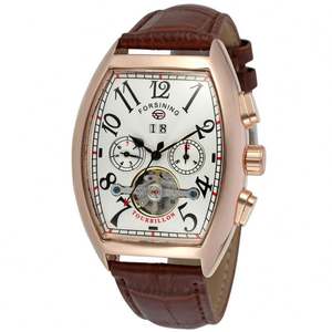 FORSINING 9409 classic Brown mens meccanismo orologio futuristico cinturino in vera pelle impermeabile Tourbillion week display rohs watch - Product Image 1