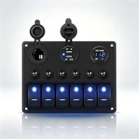 Panneau de commutation à 6 interrupteurs à bascule 12V avec LED bleue marche/arrêt, Voltmètre 24V, Chargeur USB double et Prise allume-cigare pour Bateau, Camping-car, Camion