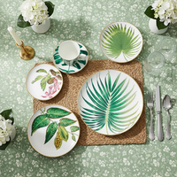 Service de table en céramique de luxe à motifs de feuilles tropicales, bord doré, assiettes, bols, tasses à thé et soucoupes en porcelaine fine personnalisée, formes variées