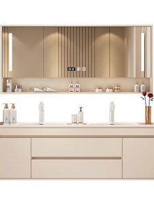 <b>Light</b> Luxury Modern Solid Wood Smart Bathroom <b>Vanity</b> with Smart <b>Mirror</b> Ceramic Double Basin Wall-Mounted Wash Basin - Product Image 1
