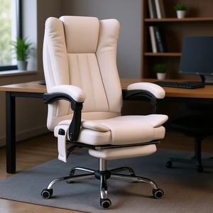 Chaise de bureau inclinable blanche avec repose-pieds réglable en hauteur, base en métal, pour usage professionnel - Product Image 2