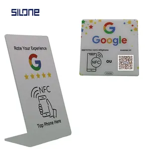 Silone Stand tampilan meja rfid akrilik cetak kustom Ntag213 Restoran Nfc Google Review berdiri