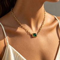 Ensemble collier et bracelet en acier inoxydable plaqué or 18 carats avec zircon cubique vert émeraude, chaîne à maillons, bijoux vintage pour femmes, cadeau